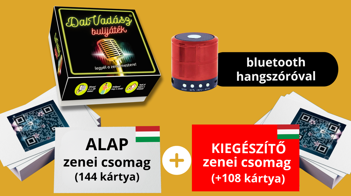Dalvadász bulijáték magyar zenékkel - VIP őszi Csomag (Alap csomag 144 kártya + 108 piros kiegészítő kártya + bluetooth hangszóró)