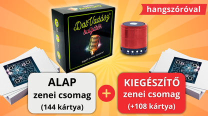 Dalvadász bulijáték magyar zenékkel - VIP év eleji Csomag (Alap csomag 144 kártya + 108 piros kiegészítő kártya, bluetooth hangszóró)