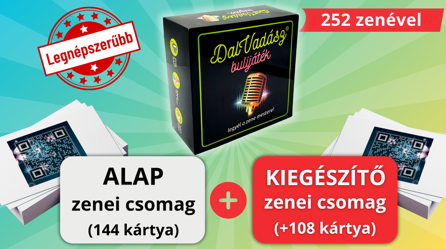 Dalvadász bulijáték magyar zenékkel - KLASSZIKUS év közepi Csomag (Alap csomag 144 kártya + 108 piros kiegészítő kártya)