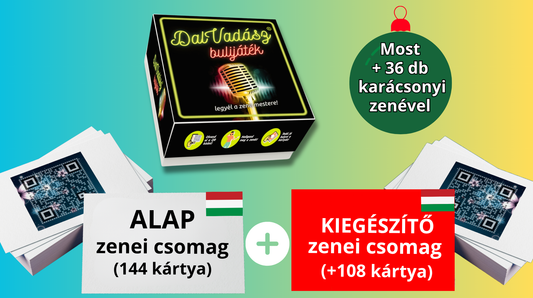 Dalvadász bulijáték magyar zenékkel - KLASSZIKUS év végi Csomag (Alap csomag 144 kártya + 108 piros kiegészítő kártya + 36 ajándék karácsonyi zene)