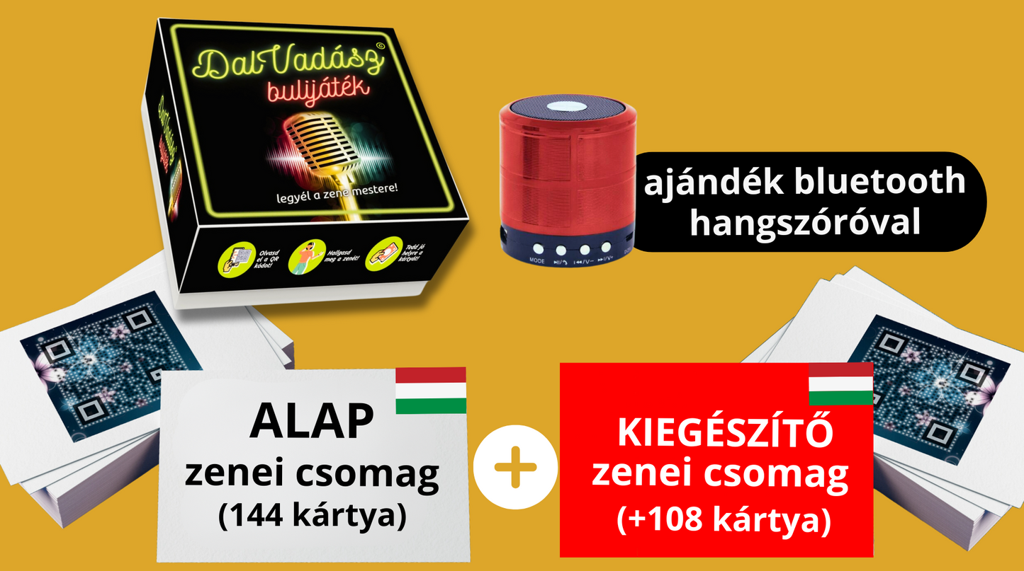 Dalvadász bulijáték magyar zenékkel - VIP tavaszi Csomag (Alap csomag 144 kártya + 108 kiegészítő kártya + ajándék hangszóró)