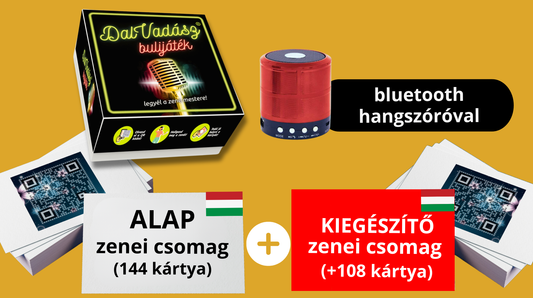 Dalvadász bulijáték magyar zenékkel - VIP őszi Csomag (Alap csomag 144 kártya + 108 piros kiegészítő kártya + bluetooth hangszóró)