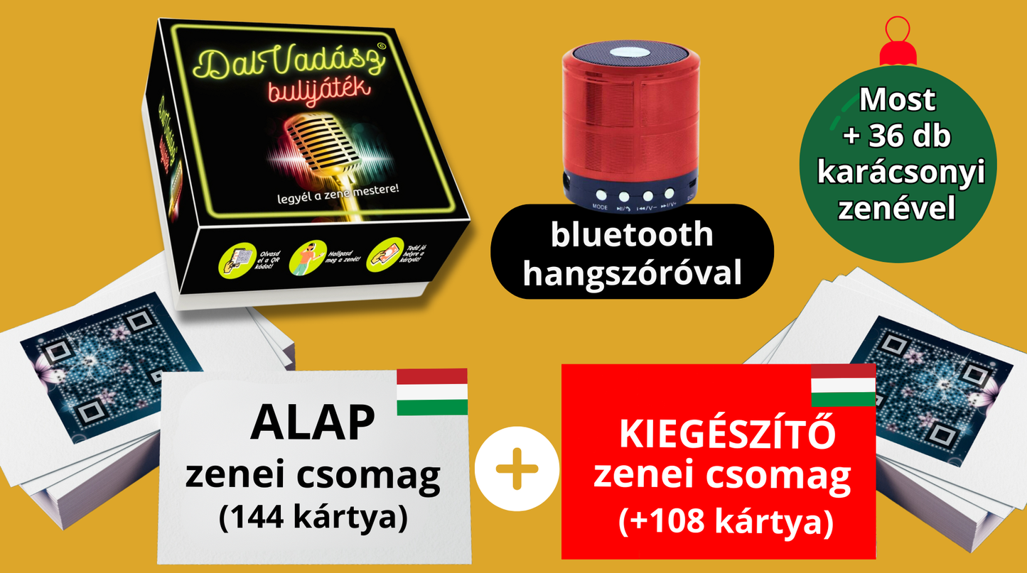 Dalvadász bulijáték magyar zenékkel - VIP év végi Csomag (Alap csomag 144 kártya + 108 piros kiegészítő kártya + 36 ajándék karácsonyi zene, bluetooth hangszóró)
